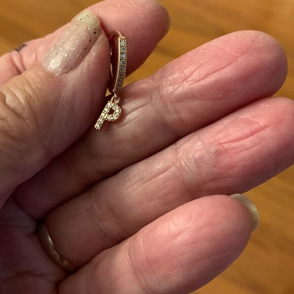 Tiny gold tone hoop earrings with initial P dangle - Picture 4 of 5